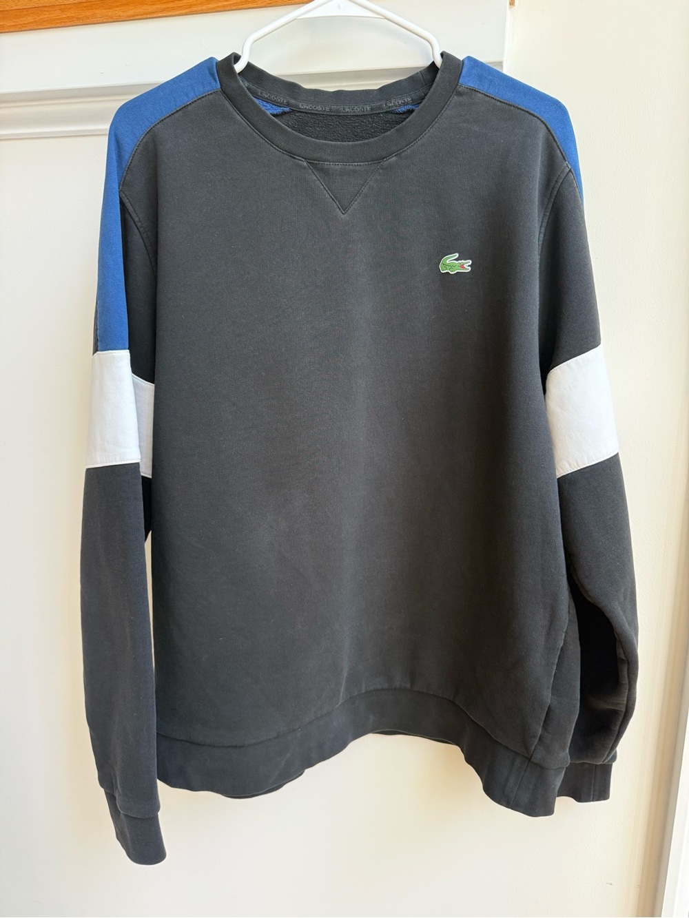 Lacoste Black Crewneck Sweatshirt with Blue Shoulders and White Sleeve Panels